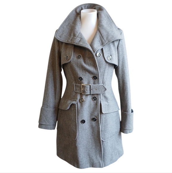 Green with Envy Gray Double Breasted Pea Coat Women's Belted Wool Jacket Small - Picture 2 of 11